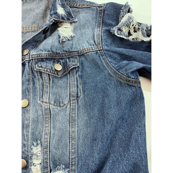 Akira Chicago Red Label Distressed Denim Jean Jacket Size Women’s Large - Picture 7 of 13